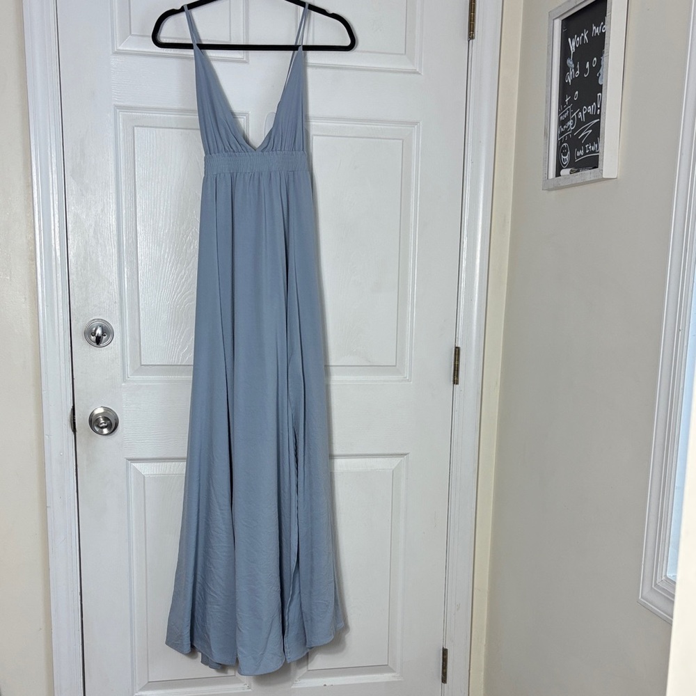 Pookie & Sebastian Dusty Blue Maxi Dress Size M Tie back criss cross adjustable